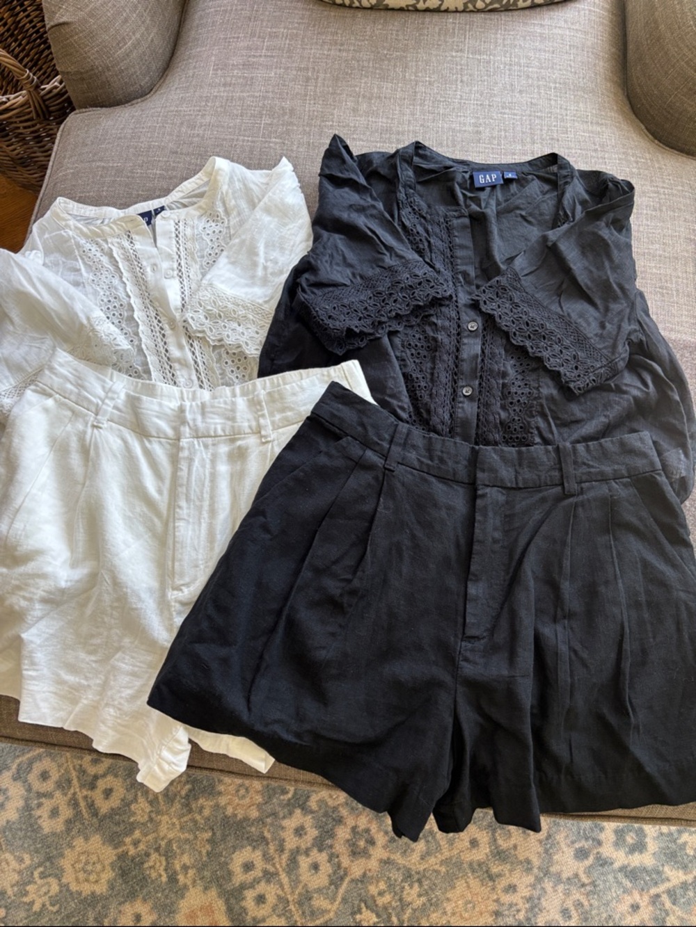 GAP Lace Button Front Tops & Pleated Shorts Set — White and Black